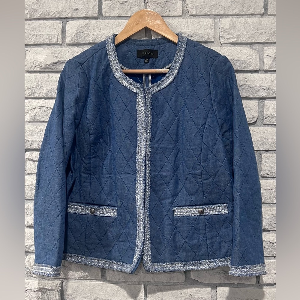 Talbots Quilted blue denim like Blue Tweed-Trim Jacket sz 14 EUC